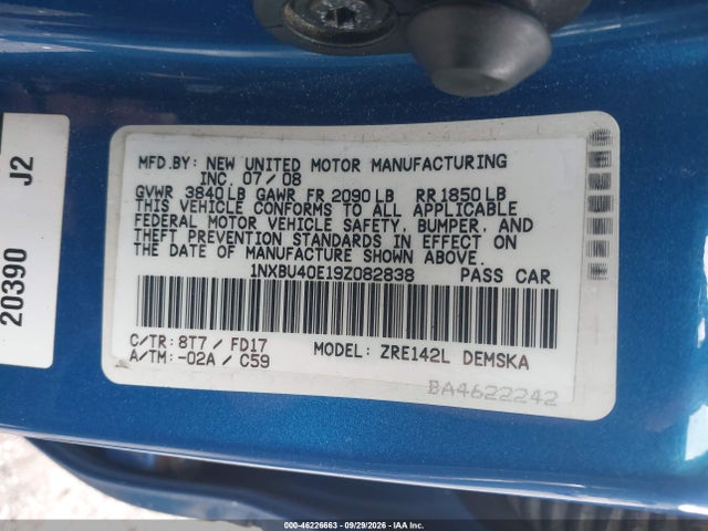 46226663 :رقم المزاد ، 1NXBU40E19Z082838 vin ، 2009 Toyota Corolla S مزاد بيع