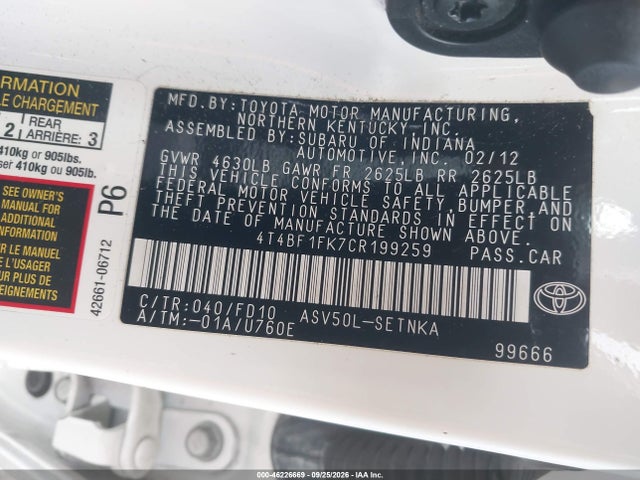 Продаж на аукціоні авто 2012 Toyota Camry Le, vin: 4T4BF1FK7CR199259, номер лоту: 46226669