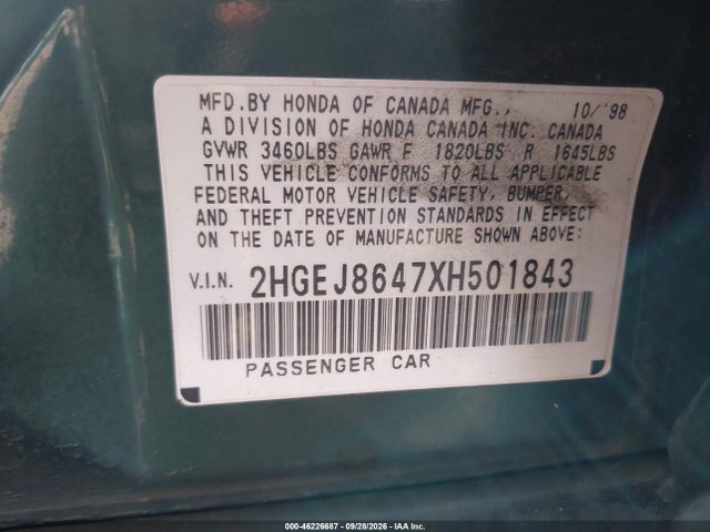 Auction sale of the 1999 Honda Civic Ex, vin: 2HGEJ8647XH501843, lot number: 46226687