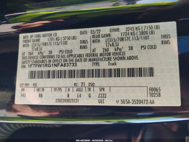 Продаж на аукціоні авто 2022 Ford F-150 Raptor, vin: 1FTFW1RG1NFA83733, номер лоту: 46226699