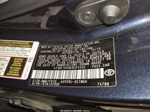 2014 Toyota Camry Le მანქანა იყიდება აუქციონზე, vin: 4T4BF1FK9ER374355, აუქციონის ნომერი: 46226723