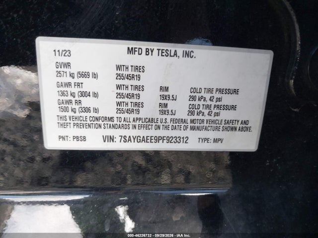 46226732 :رقم المزاد ، 7SAYGAEE9PF923312 vin ، 2023 Tesla Model Y Awd/long Range Dual Motor All-wheel Drive مزاد بيع