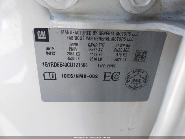 Aukcja sprzedaży 2012 Chevrolet Volt, vin: 1G1RD6E49CU121304, numer aukcji: 46226751