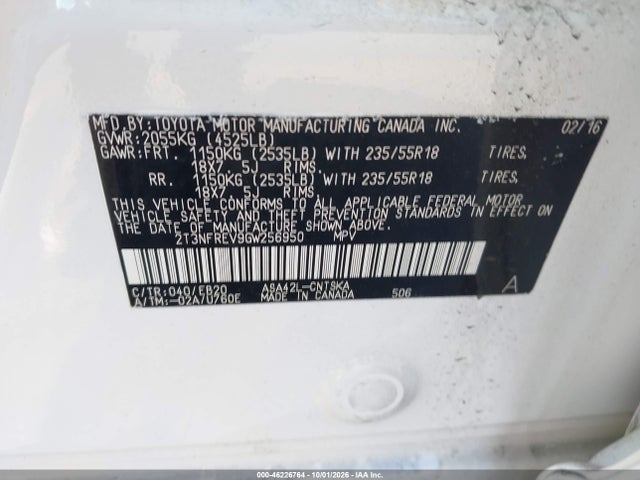 2T3NFREV9GW256950 Toyota RAV4 SE