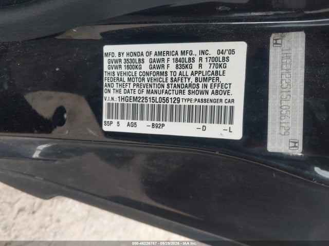 Продажа на аукционе авто 2005 Honda Civic Lx, vin: 1HGEM22515L056129, номер лота: 46226787