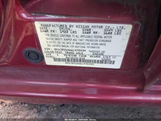 Продаж на аукціоні авто 2006 Nissan Sentra 1.8s, vin: 3N1CB51A66L470334, номер лоту: 46226810