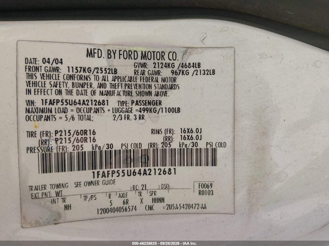 2004 Ford Taurus Ses მანქანა იყიდება აუქციონზე, vin: 1FAFP55U64A212681, აუქციონის ნომერი: 46226825