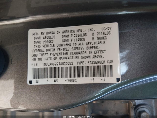 Продаж на аукціоні авто 2007 Acura Tl 3.2, vin: 19UUA66227A030083, номер лоту: 46226845