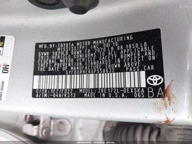 Продаж на аукціоні авто 2016 Toyota Corolla S Plus, vin: 5YFBURHE6GP558632, номер лоту: 46226853