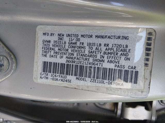 Продаж на аукціоні авто 2001 Toyota Corolla Le, vin: 1NXBR12E21Z496471, номер лоту: 46226863