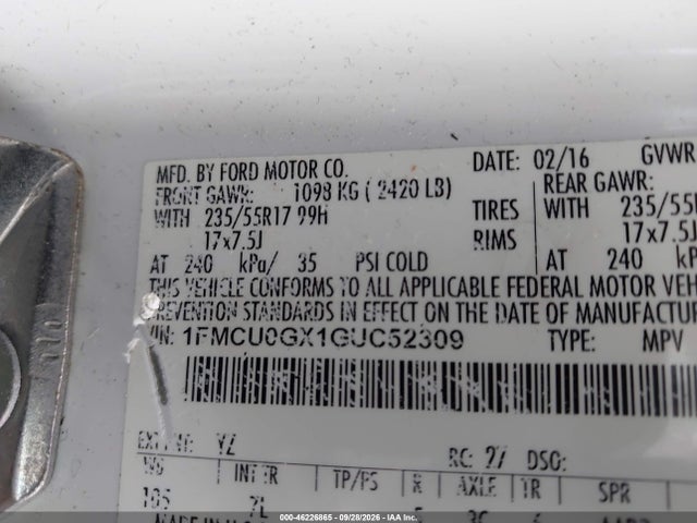 46226865 :رقم المزاد ، 1FMCU0GX1GUC52309 vin ، 2016 Ford Escape Se مزاد بيع