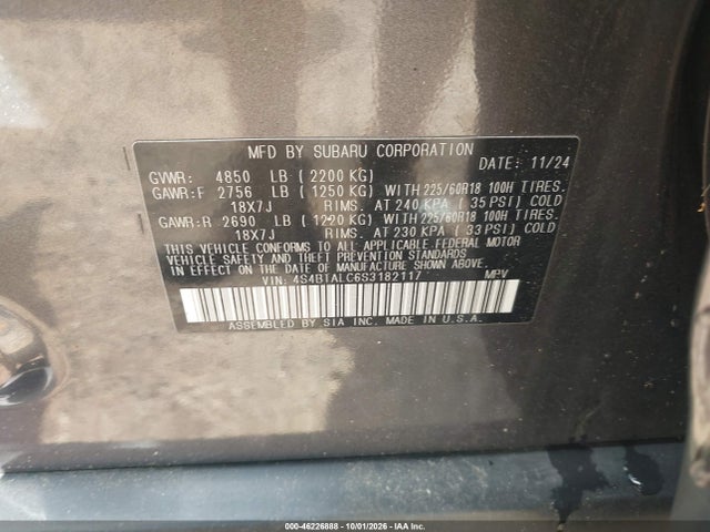 2025 Subaru Outback Onyx Edition მანქანა იყიდება აუქციონზე, vin: 4S4BTALC6S3182117, აუქციონის ნომერი: 46226888