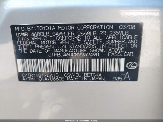 2008 Lexus Es 350 მანქანა იყიდება აუქციონზე, vin: JTHBJ46G082232498, აუქციონის ნომერი: 46226889