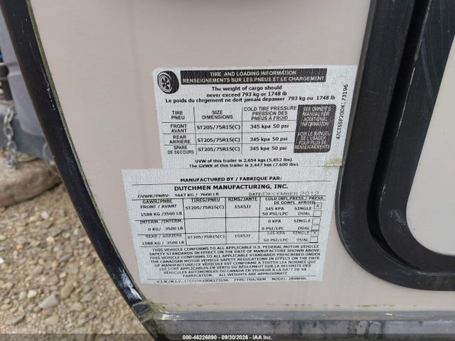 46226890 :رقم المزاد ، 47CTS5P20DK173196 vin ، 2013 Dutchmen Kodiak 284bhsl مزاد بيع