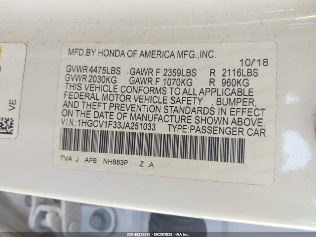 Продаж на аукціоні авто 2018 Honda Accord Sport, vin: 1HGCV1F33JA251033, номер лоту: 46226891