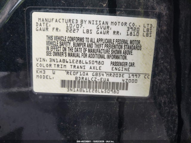 46226901 :رقم المزاد ، 3N1AB61E28L650980 vin ، 2008 Nissan Sentra 2.0 مزاد بيع
