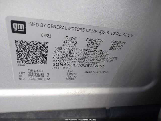 46226908 :رقم المزاد ، 3GNAXUEV0MS177651 vin ، 2021 Chevrolet Equinox Awd Lt مزاد بيع