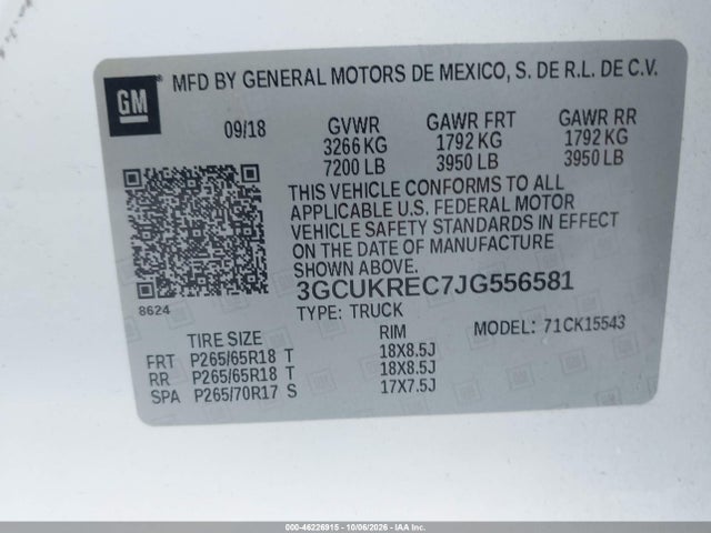 46226915 :رقم المزاد ، 3GCUKREC7JG556581 vin ، 2018 Chevrolet Silverado 1500 2lt مزاد بيع