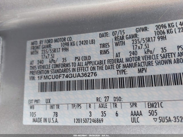Ford ESCAPE S 2016 1FMCU0F74GUA36276 Image 9