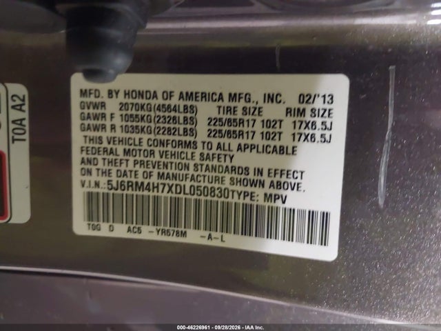 Продаж на аукціоні авто 2013 Honda Cr-v Ex-l, vin: 5J6RM4H7XDL050830, номер лоту: 46226961
