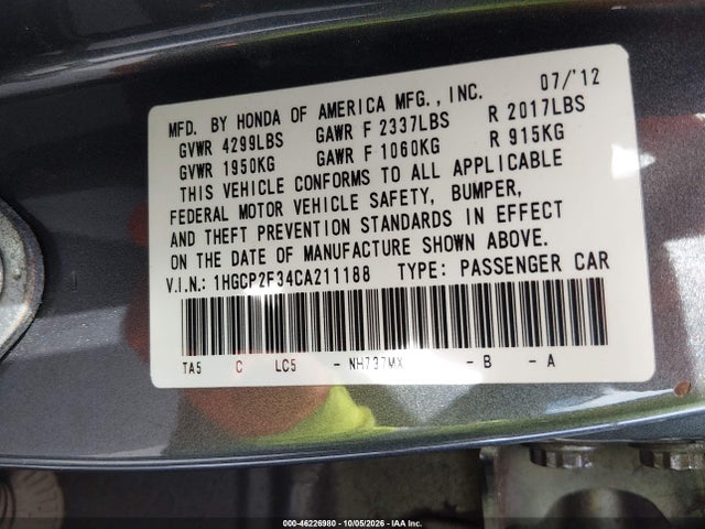 46226980 :رقم المزاد ، 1HGCP2F34CA211188 vin ، 2012 Honda Accord 2.4 Lx مزاد بيع