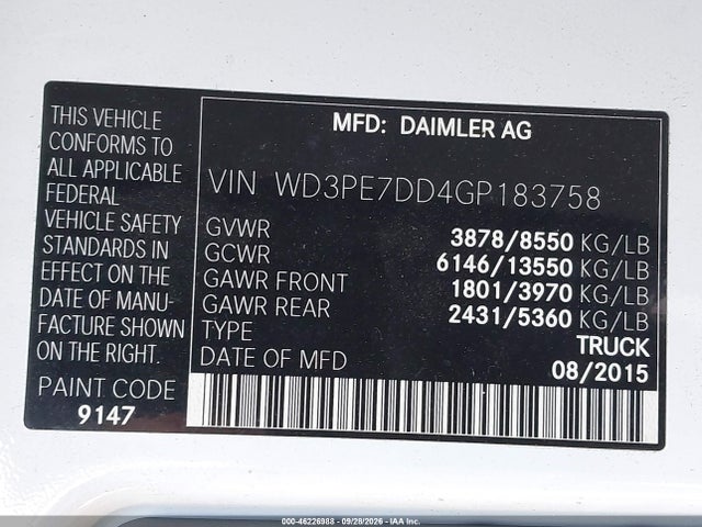 Aukcja sprzedaży 2016 Mercedes-benz Sprinter 2500 Normal Roof, vin: WD3PE7DD4GP183758, numer aukcji: 46226988