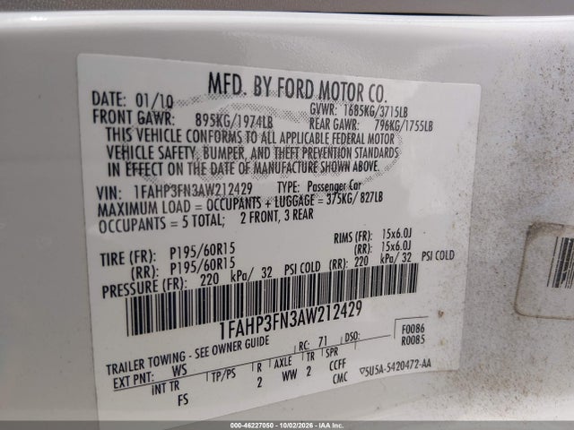 Продаж на аукціоні авто 2010 Ford Focus Se, vin: 1FAHP3FN3AW212429, номер лоту: 46227050