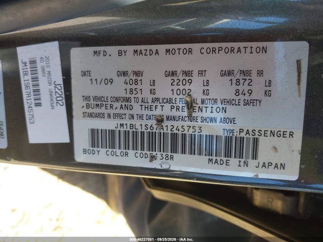 2010 Mazda Mazda3 S Sport მანქანა იყიდება აუქციონზე, vin: JM1BL1S67A1245753, აუქციონის ნომერი: 46227051