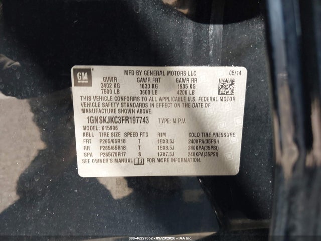 Aukcja sprzedaży 2015 Chevrolet Suburban Lt, vin: 1GNSKJKC3FR197743, numer aukcji: 46227052