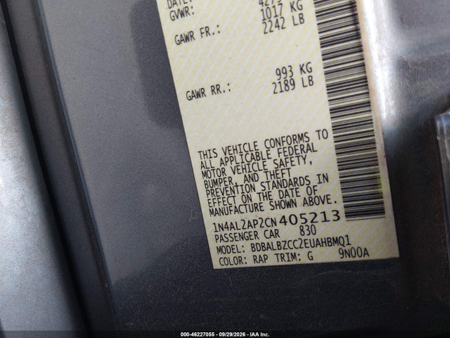 2012 Nissan Altima 2.5 S მანქანა იყიდება აუქციონზე, vin: 1N4AL2AP2CN405213, აუქციონის ნომერი: 46227055