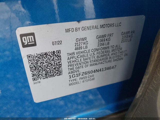 46227081 :رقم المزاد ، 1G1FZ6S04N4134647 vin ، 2022 Chevrolet Bolt Euv Fwd Premier مزاد بيع