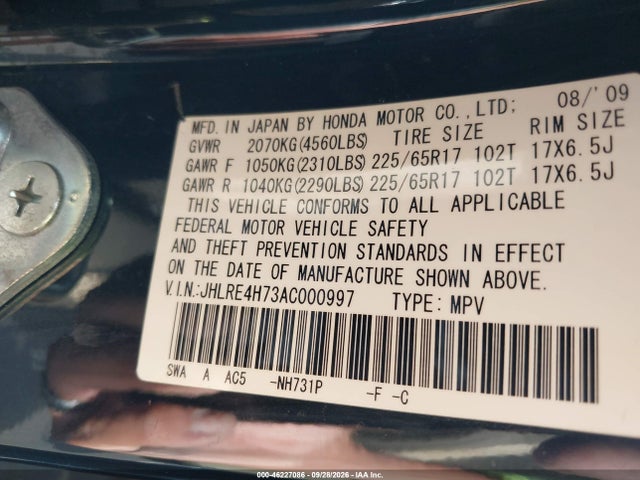 Auction sale of the 2010 Honda Cr-v Ex-l, vin: JHLRE4H73AC000997, lot number: 46227086