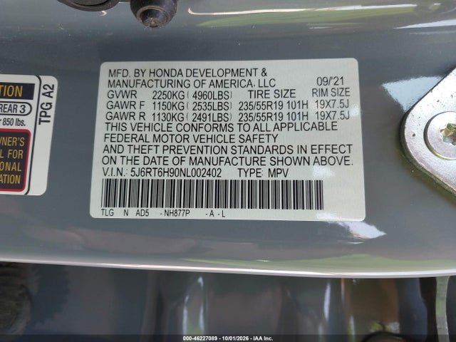 Продажа на аукционе авто 2022 Honda Cr-v Hybrid Touring, vin: 5J6RT6H90NL002402, номер лота: 46227089