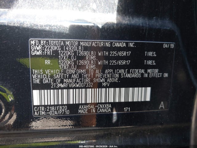 Продаж на аукціоні авто 2019 Toyota Rav4 Hybrid Le, vin: 2T3MWRFV6KW007332, номер лоту: 46227095