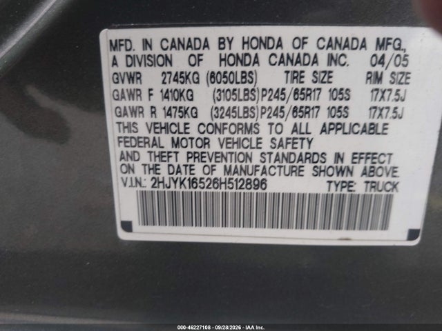 Продаж на аукціоні авто 2006 Honda Ridgeline Rtl, vin: 2HJYK16526H512896, номер лоту: 46227108