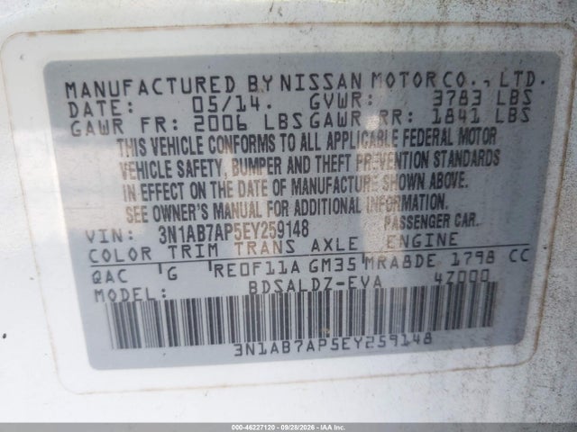 2014 Nissan Sentra Fe+ S/fe+ Sv/s/sl/sr/sv მანქანა იყიდება აუქციონზე, vin: 3N1AB7AP5EY259148, აუქციონის ნომერი: 46227120