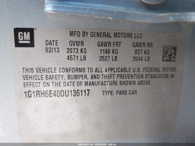 46227124 :رقم المزاد ، 1G1RH6E40DU136117 vin ، 2013 Chevrolet Volt مزاد بيع