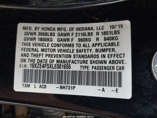 Продаж на аукціоні авто 2020 Honda Insight Ex, vin: 19XZE4F5XLE001655, номер лоту: 46227129
