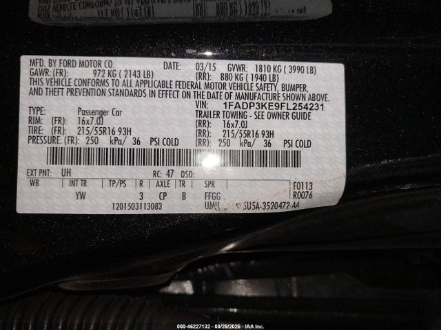 46227132 :رقم المزاد ، 1FADP3KE9FL254231 vin ، 2015 Ford Focus Se مزاد بيع