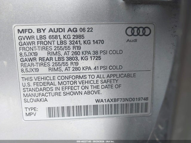 Продаж на аукціоні авто 2022 Audi Q7 Premium 55 Tfsi Quattro Tiptronic, vin: WA1AXBF73ND019748, номер лоту: 46227140