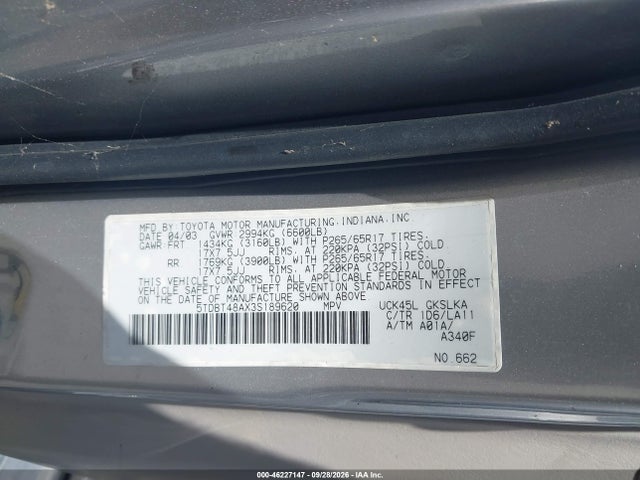 2003 Toyota Sequoia Limited V8 მანქანა იყიდება აუქციონზე, vin: 5TDBT48AX3S189620, აუქციონის ნომერი: 46227147