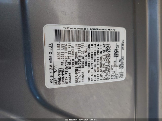 Aukcja sprzedaży 2011 Nissan Rogue S, vin: JN8AS5MTXBW190474, numer aukcji: 46227171