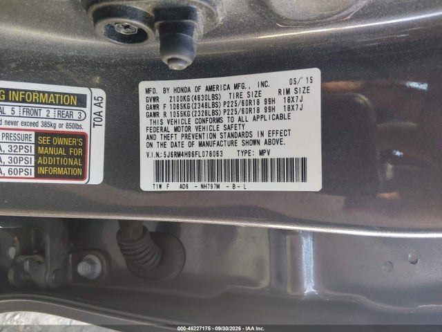 2015 Honda Cr-v Touring მანქანა იყიდება აუქციონზე, vin: 5J6RM4H96FL078063, აუქციონის ნომერი: 46227175
