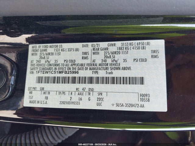 46227189 :رقم المزاد ، 1FTEW1C51MFB25996 vin ، 2021 Ford F-150 Xlt مزاد بيع