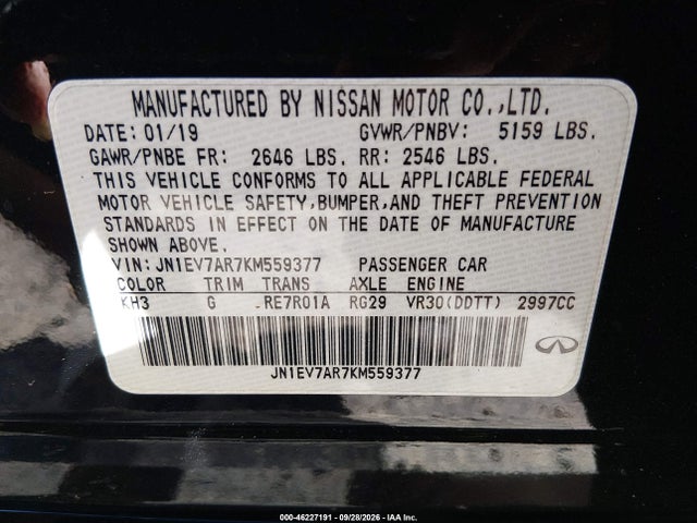 46227191 :رقم المزاد ، JN1EV7AR7KM559377 vin ، 2019 Infiniti Q50 3.0t Luxe مزاد بيع