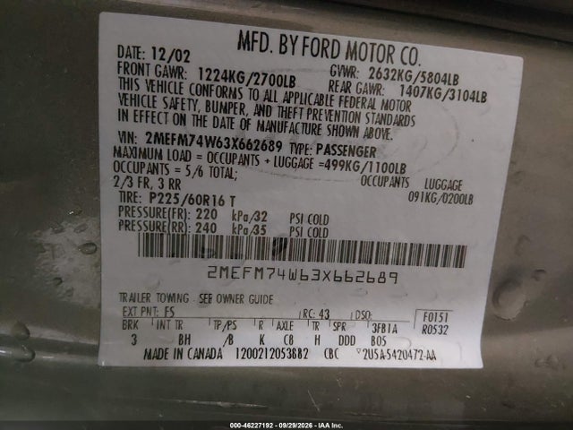 Aukcja sprzedaży 2003 Mercury Grand Marquis Gs, vin: 2MEFM74W63X662689, numer aukcji: 46227192
