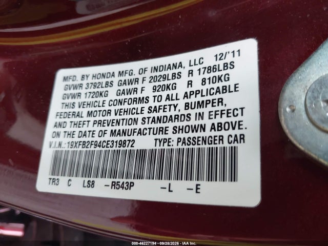46227194 :رقم المزاد ، 19XFB2F94CE319872 vin ، 2012 Honda Civic Ex-l مزاد بيع