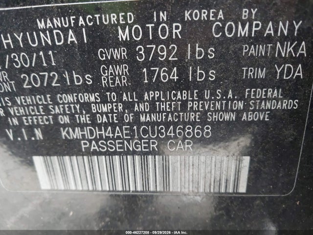 Aukcja sprzedaży 2012 Hyundai Elantra Gls (ulsan Plant), vin: KMHDH4AE1CU346868, numer aukcji: 46227208