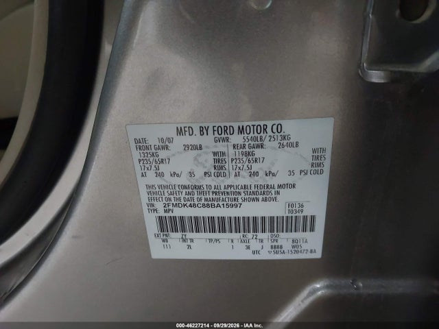Продажа на аукционе авто 2008 Ford Edge Sel, vin: 2FMDK48C88BA15997, номер лота: 46227214