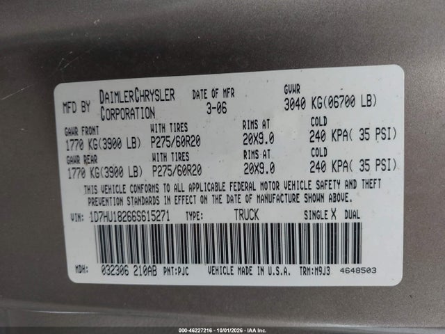 Продажа на аукционе авто 2006 Dodge Ram 1500 Slt/trx4 Off Road/sport, vin: 1D7HU18266S615271, номер лота: 46227216